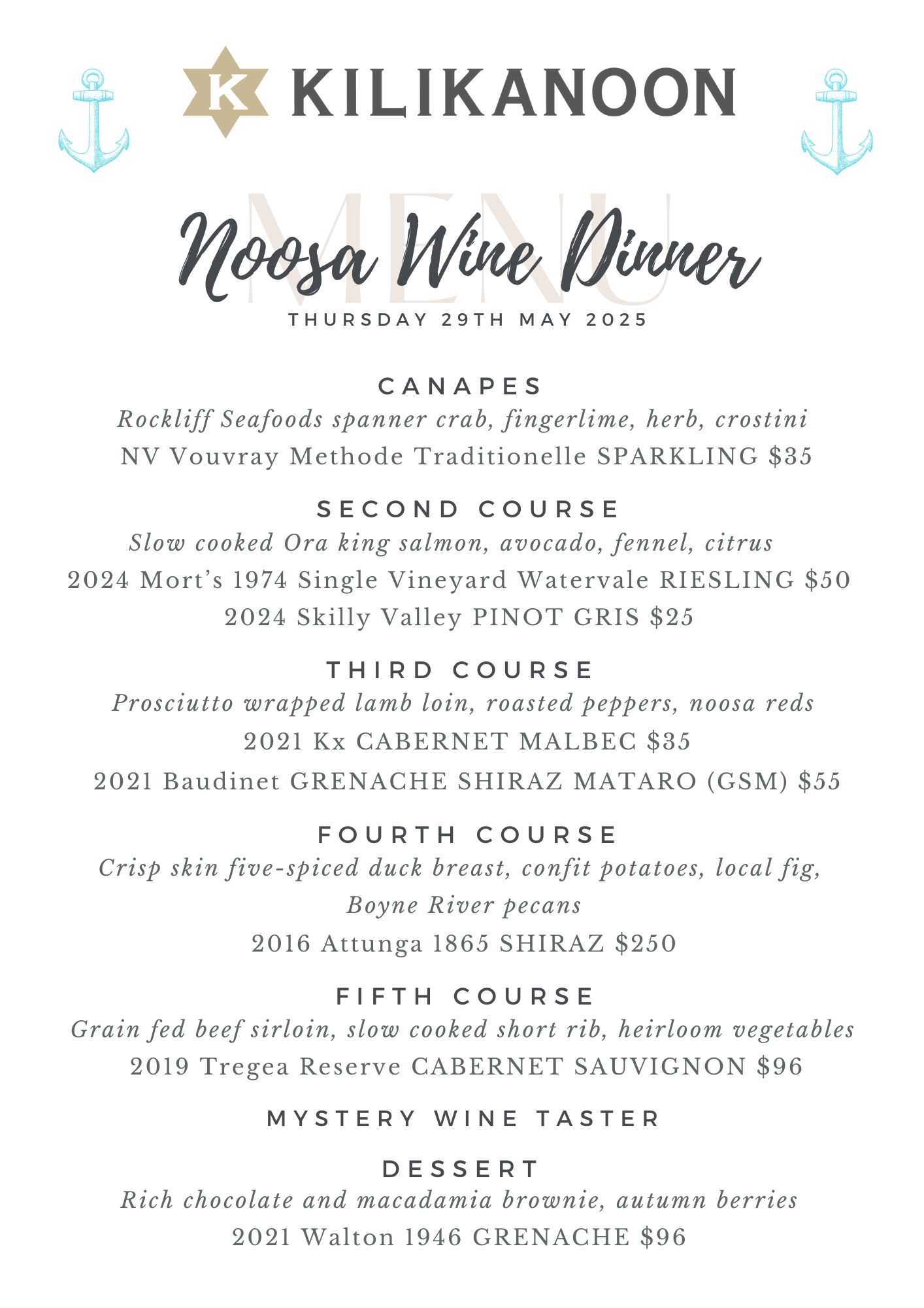 Noosa Wine Dinner Thursday 29th May 2025 - 1 ticket